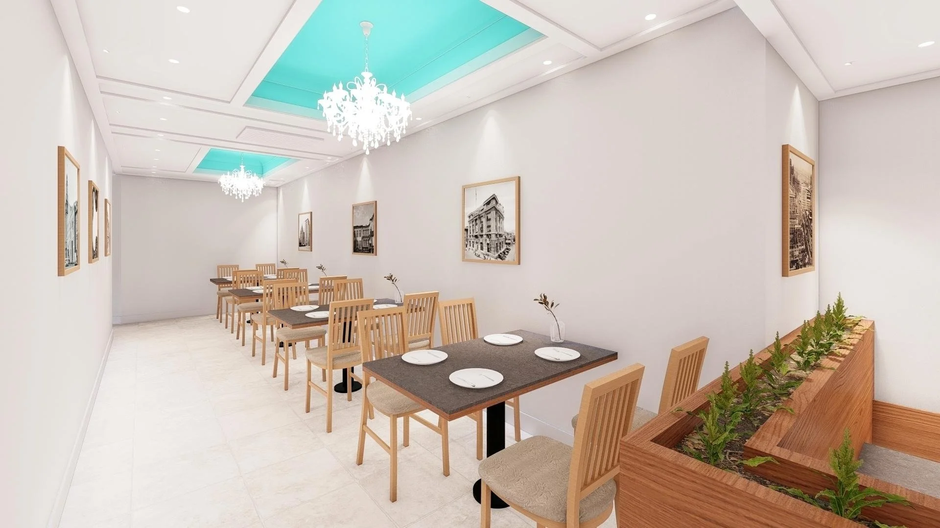 Interior design concept for a fast-casual restaurant. Photorealistic 3D rendering used to help clients visualize seating capacity and flow before construction begins.