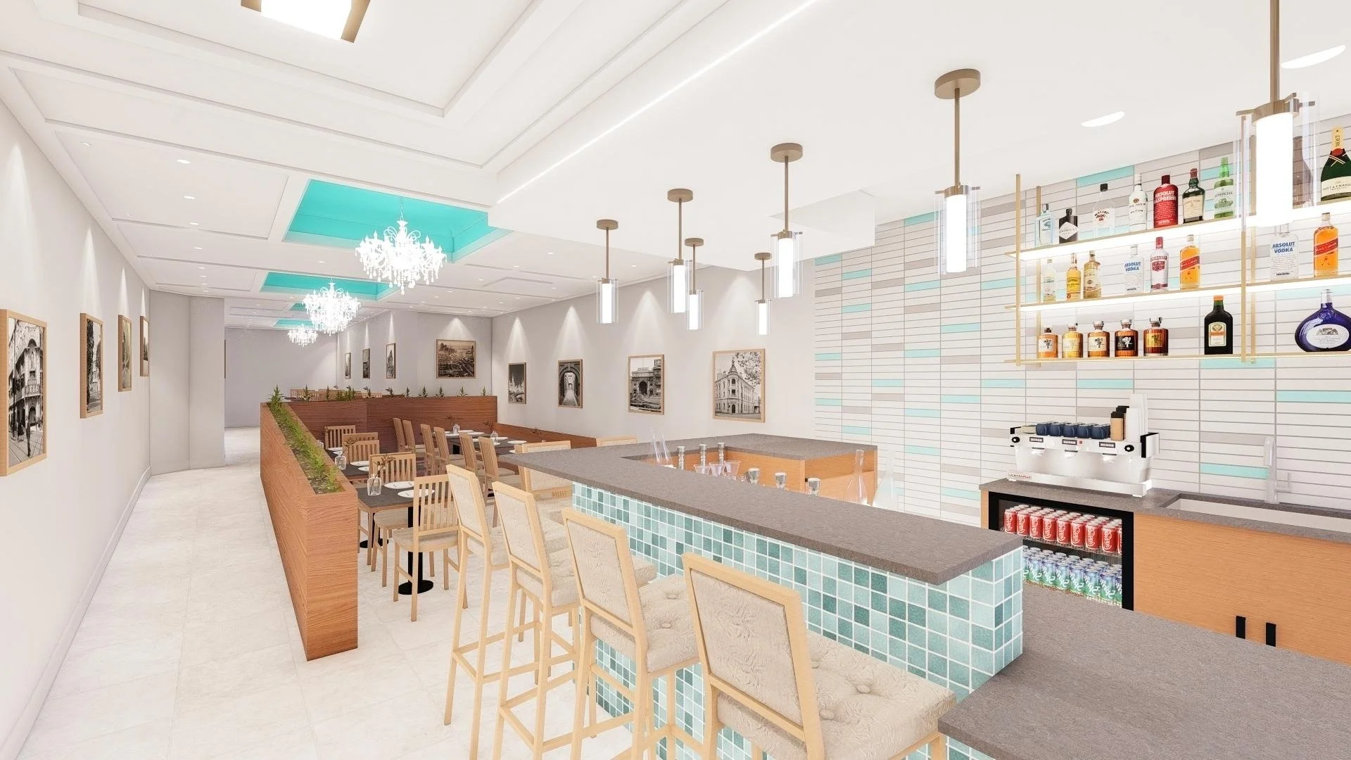 Interior design concept for a fast-casual restaurant. Photorealistic 3D rendering used to help clients visualize seating capacity and flow before construction begins.