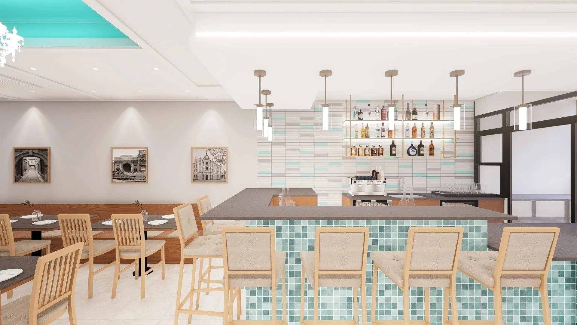 3D architectural rendering of a modern cafe bar design. Visualization of custom millwork, lighting, and material selection for a NYC commercial renovation. Service provided by XZ Design Build.