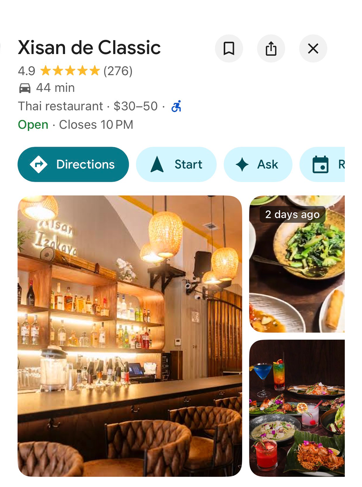 Interior view of a Thai restaurant with a bar, illuminated by hanging wicker lamps, and brown cushioned chairs. Smaller images show dishes and cocktails on the table.