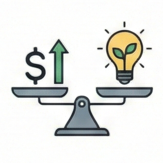 A balanced scale with a dollar sign and an upward arrow on one side, and a lightbulb with a leaf inside on the other side, symbolizing financial growth and eco-friendly ideas.