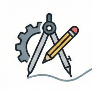 Illustration of drafting tools including a protractor, pencil, compass, and gear.