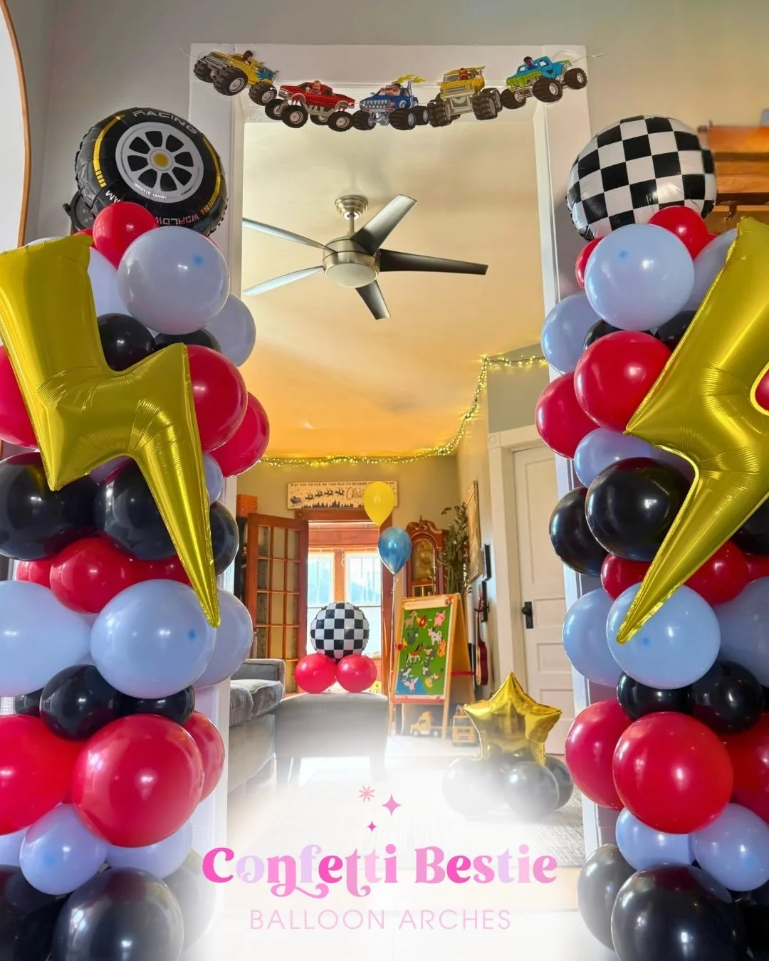 Lightning bolts, monster trucks, and BIG birthday energy ⚡🏁

This custom balloon install brought the speedway straight into the living room - bold colours, playful details, and a whole lot of wow.

From custom banners (like the birthday boy racing m