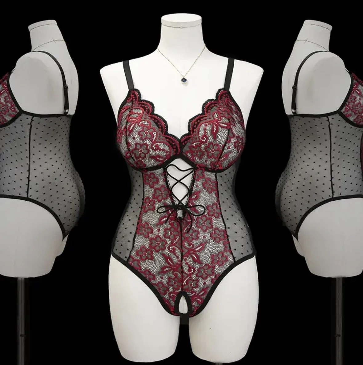 Plus Size Red Floral Black Sheer Teddy