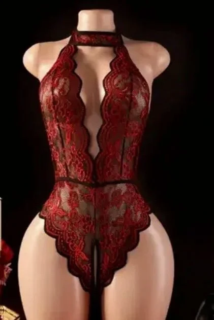 Red Embroidered Halter Teddy