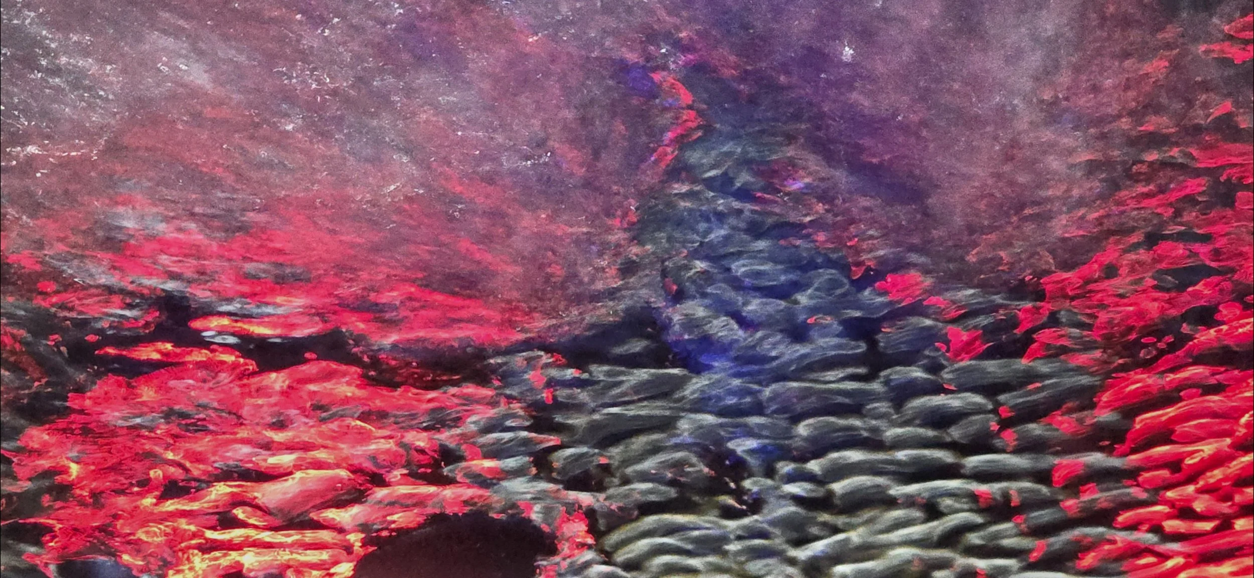 Abstract painting with red, purple, and black colors, resembling a rocky river or flow of water with vibrant reflections and textures.