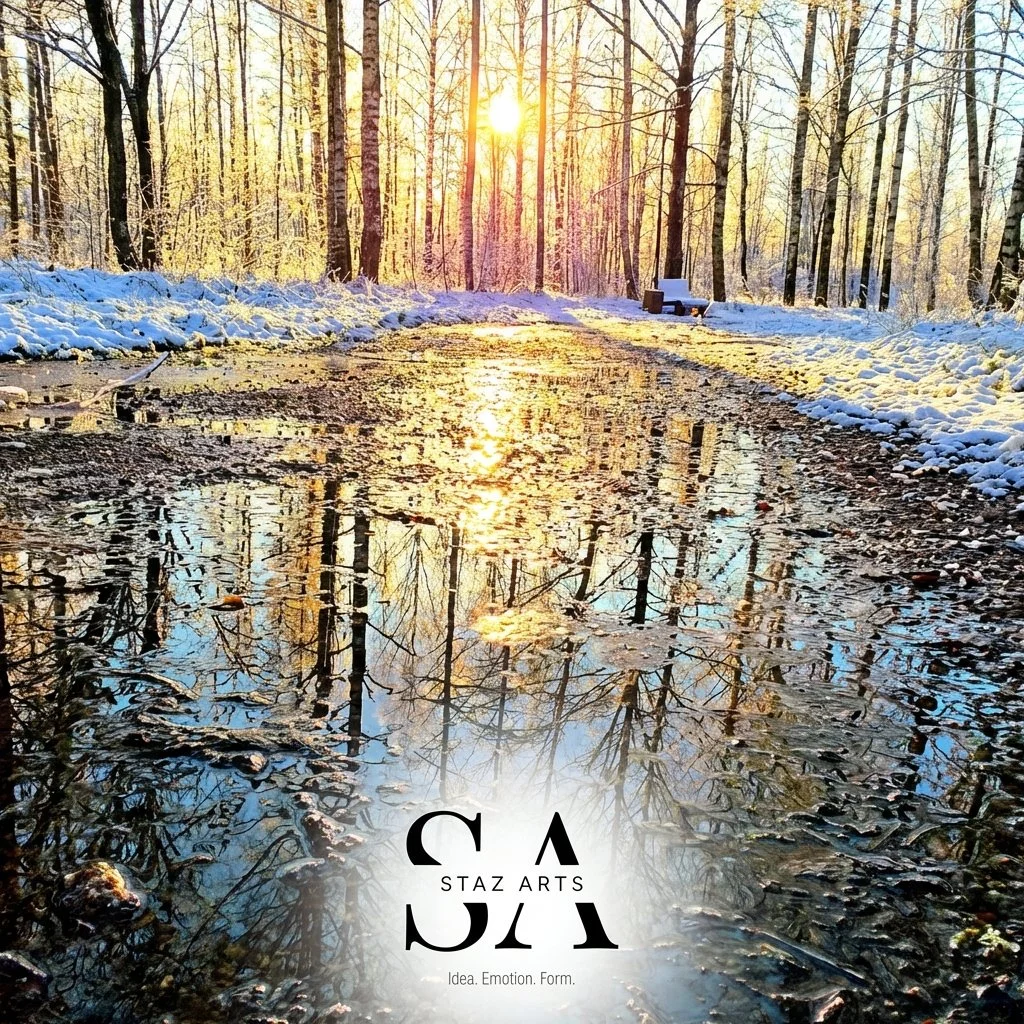 Sunrise over a snow-covered forest with a partially frozen dirt path reflecting the trees and sky, with a bench on the right side and the text 'STAZ ARTS' and 'Idea. Emotion. Form.' at the bottom.