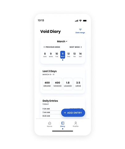 Smartphone screen showing a void diary app with date, last 3 days statistics, daily entries, and options to add entries, share, and navigate.