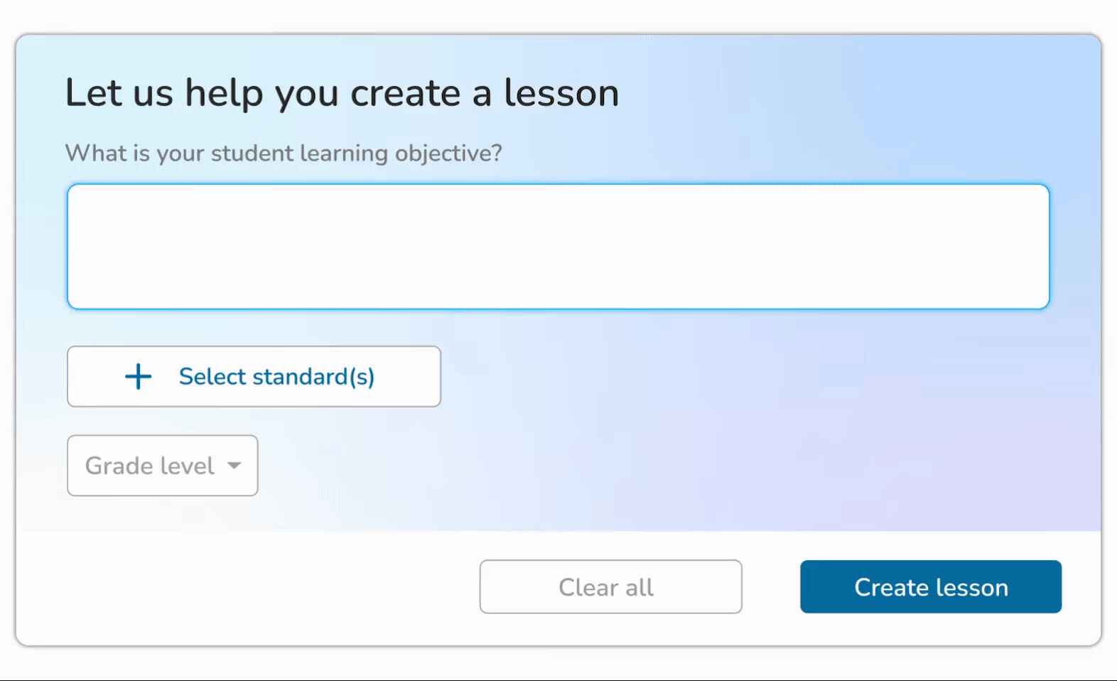 Screenshot of an online lesson creation interface with a light blue background, black text, and buttons labeled 'Select standard(s)', 'Clear all', and 'Create lesson'.