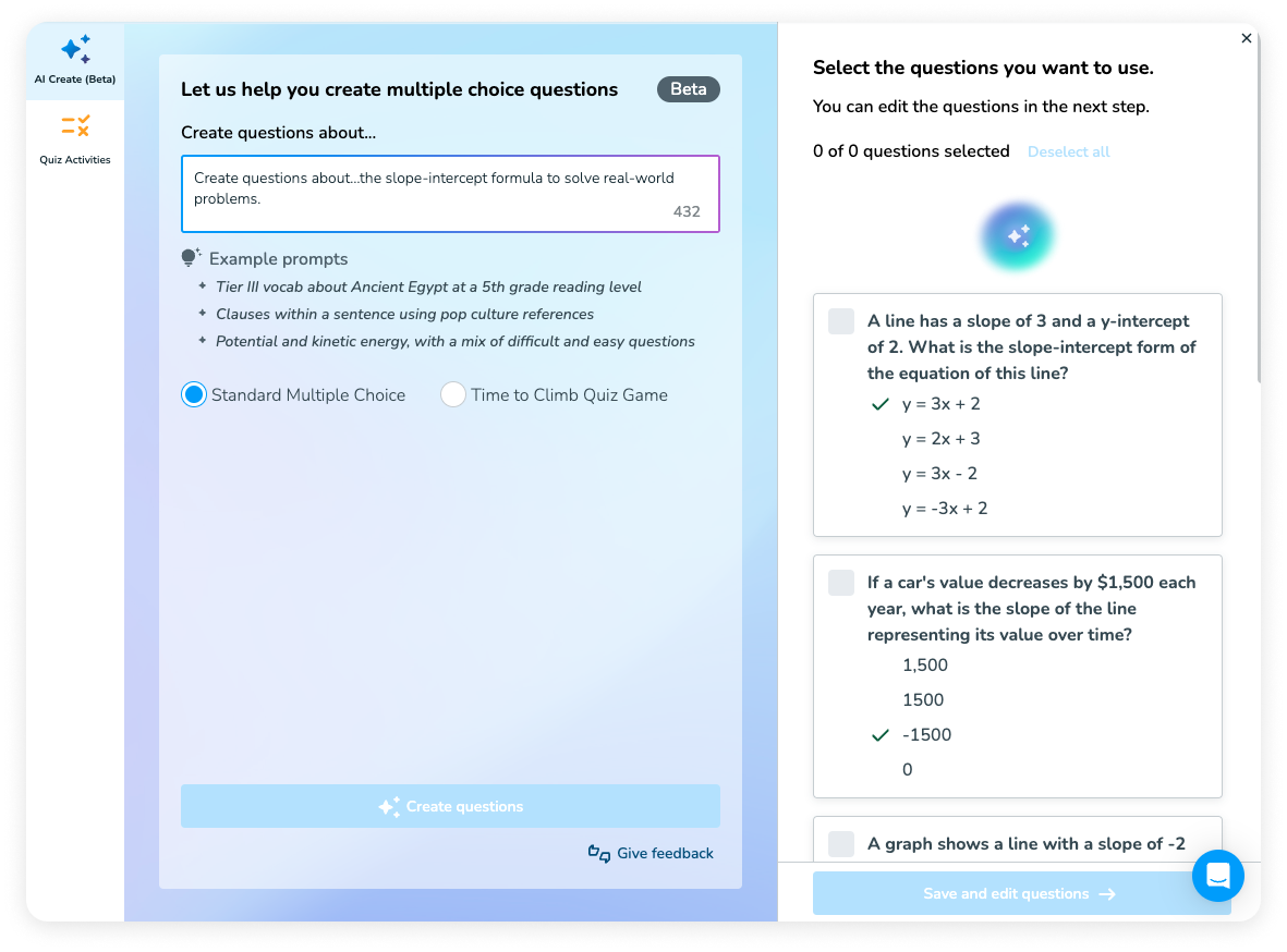 Screenshot of an educational software interface for creating multiple-choice questions, featuring options to select question types and example prompts, with a list of sample questions on the right side.