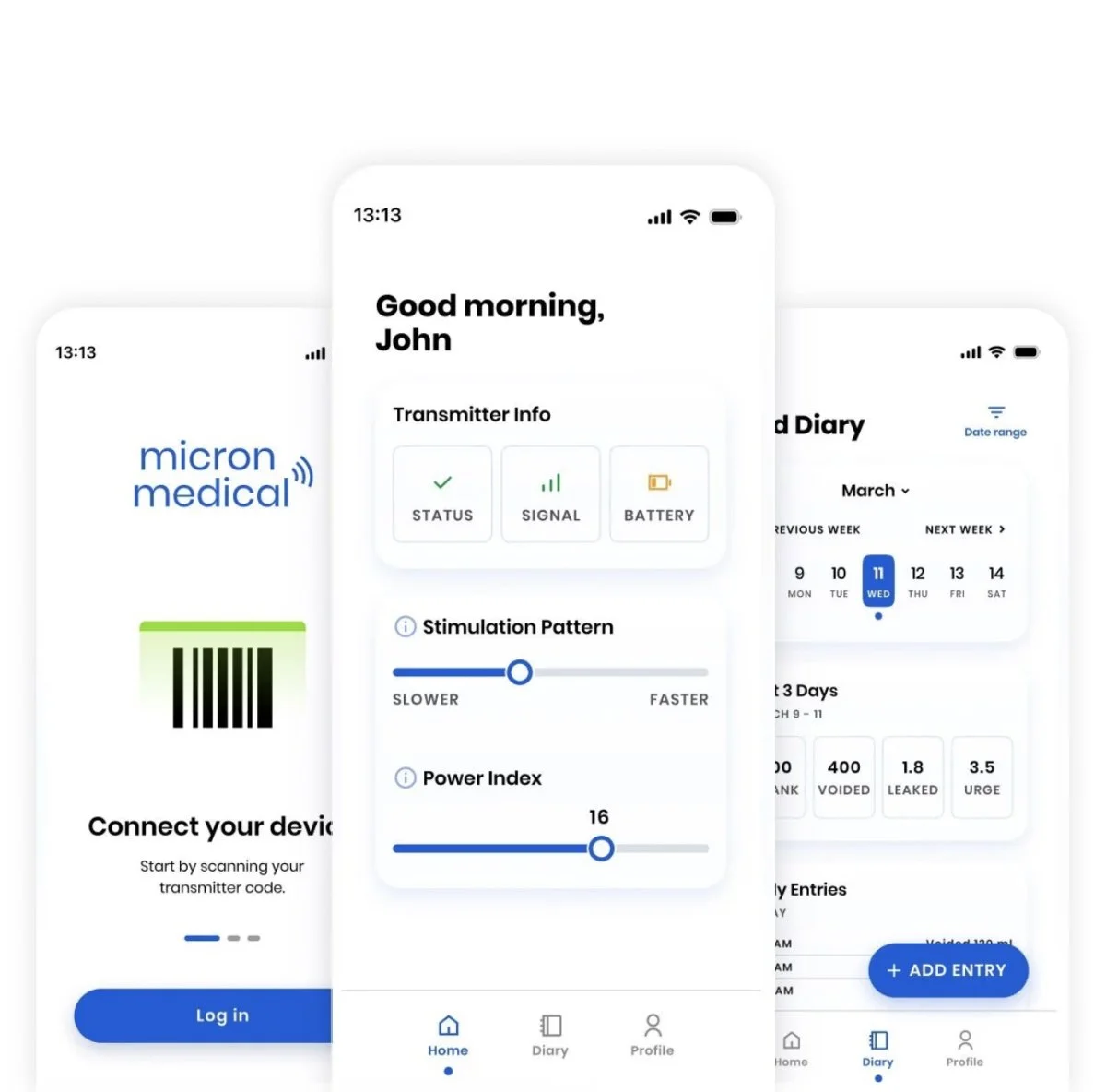 Smartphone app screens with health monitoring features, including transmitter info, stimulation pattern, power index, barcode scanner, and calendar interface.