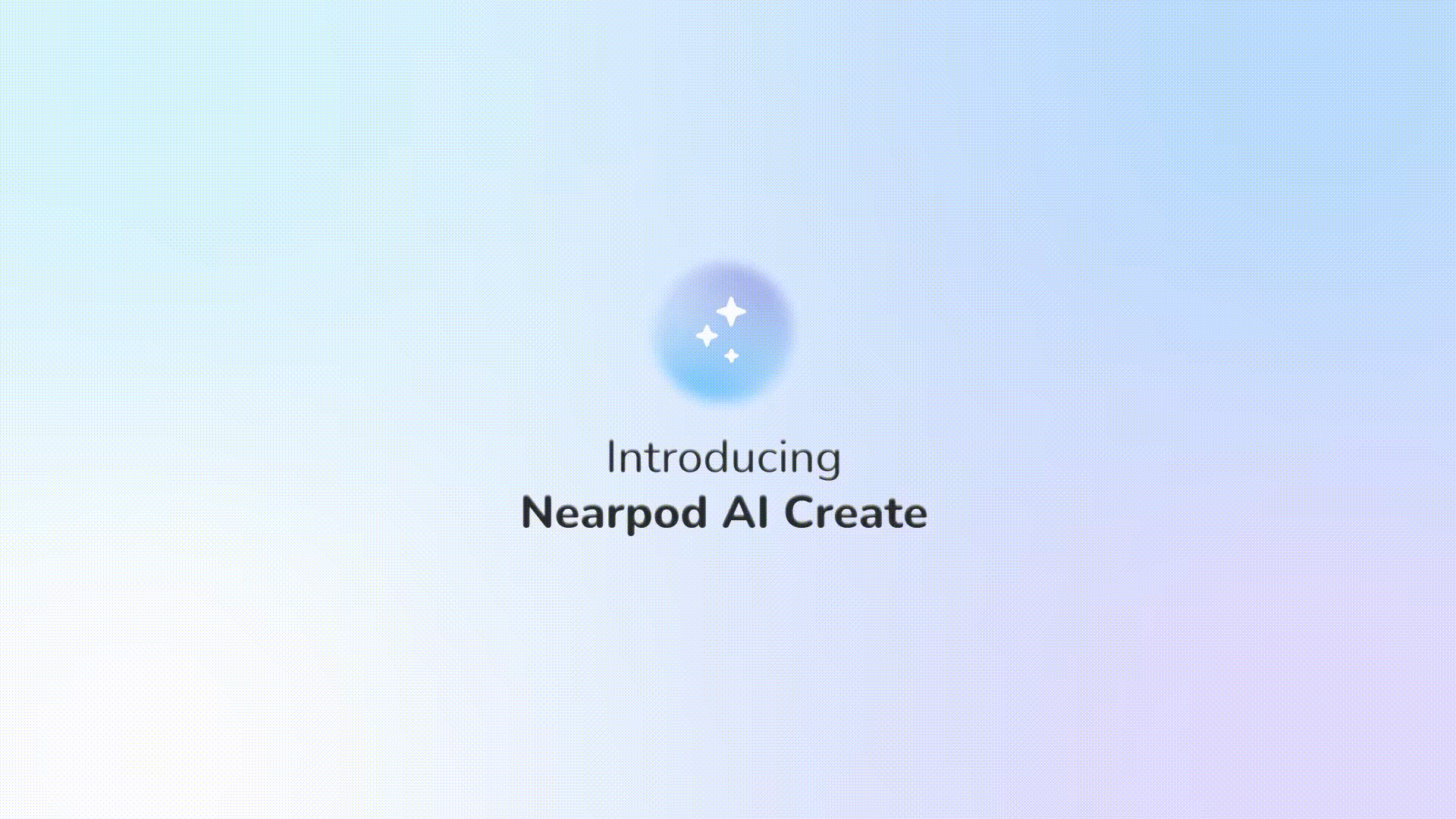 Screen showing the announcement of Nearpod AI Create with a blue and purple gradient background and a chat icon