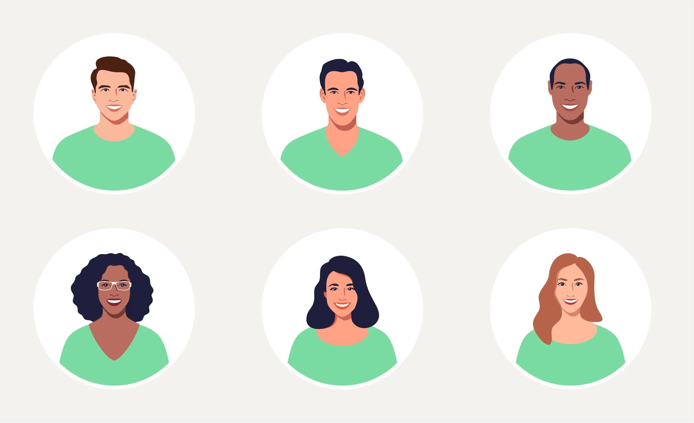 Six diverse illustrated faces of men and women arranged in two rows, each wearing a green top with a light gray background.