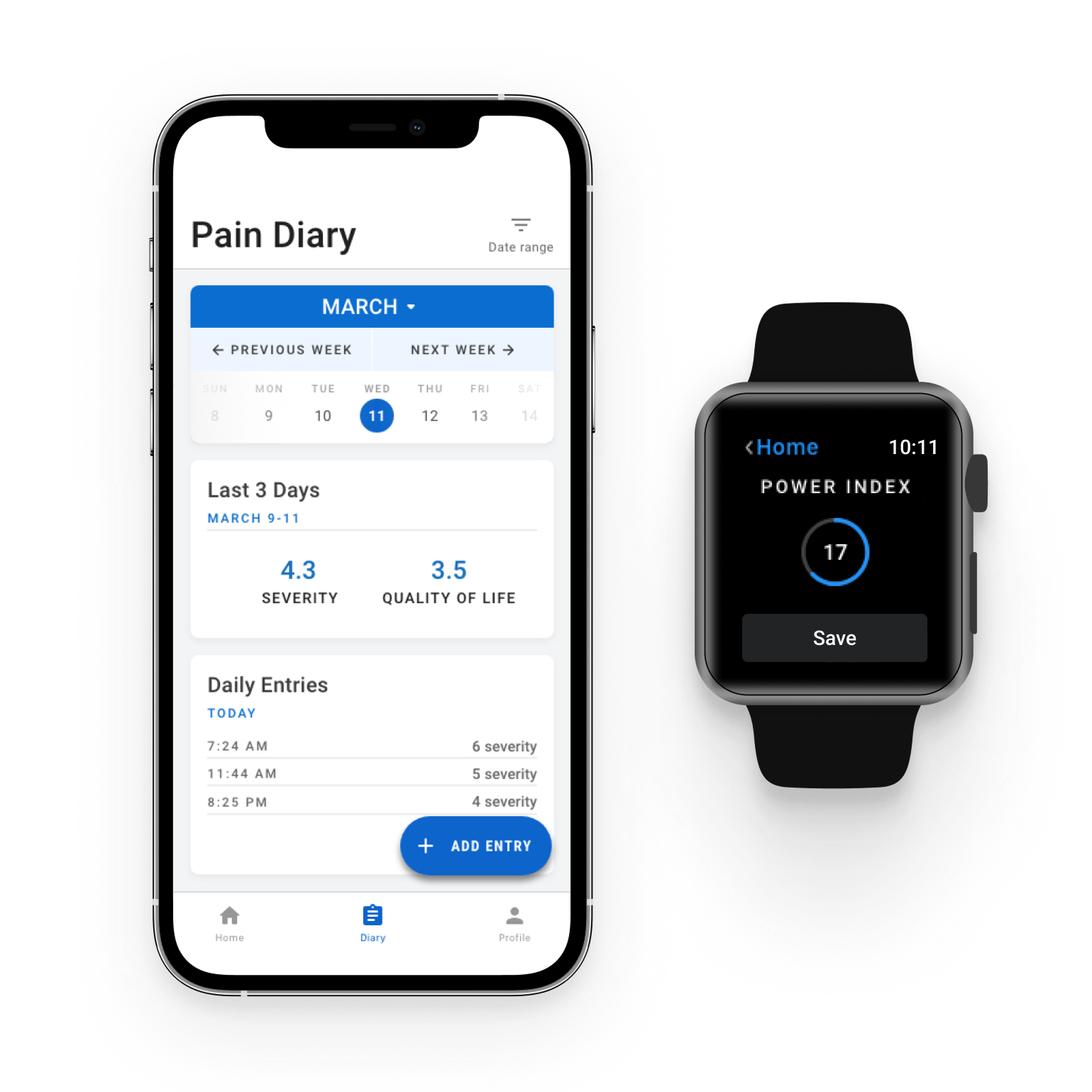 Smartphone displaying a pain diary app with calendar, last three days' severity and quality of life ratings, daily entries, and an add entry button; smartwatch showing a power index with a save button.