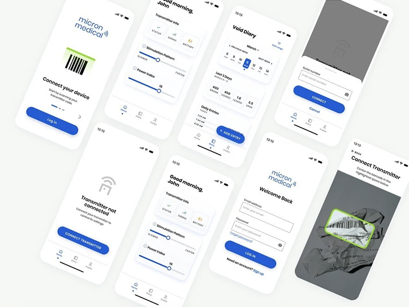 Screenshots of a mobile app interface for Micron Medical, showing login, transmitter connection, and health tracking features.
