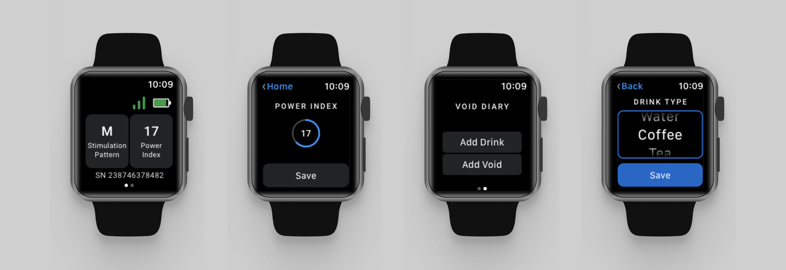 Smartwatch screen showing app interfaces for stimulation pattern and power index, power index value of 17, options to save, enter void diary, add drinks and select drink type including water and coffee.