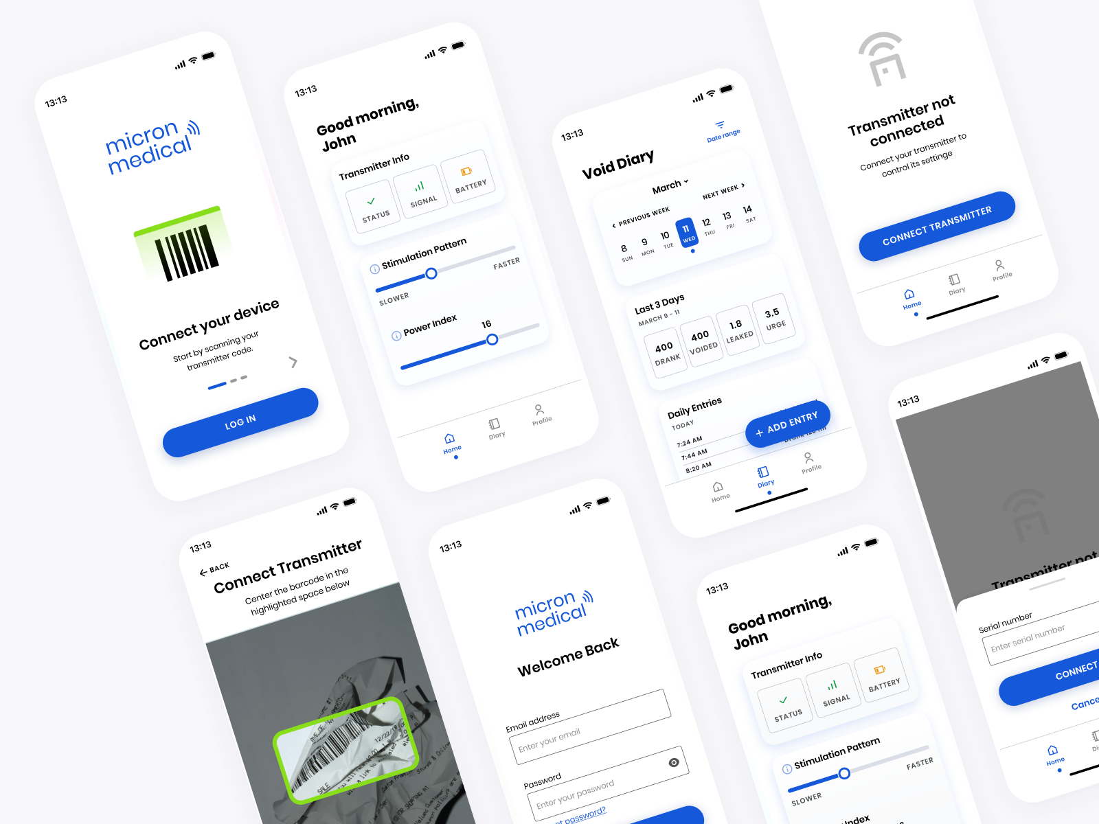 Multiple screenshots of a medical device app interface, including barcode scanning, login screen, data entry, and device connection status.