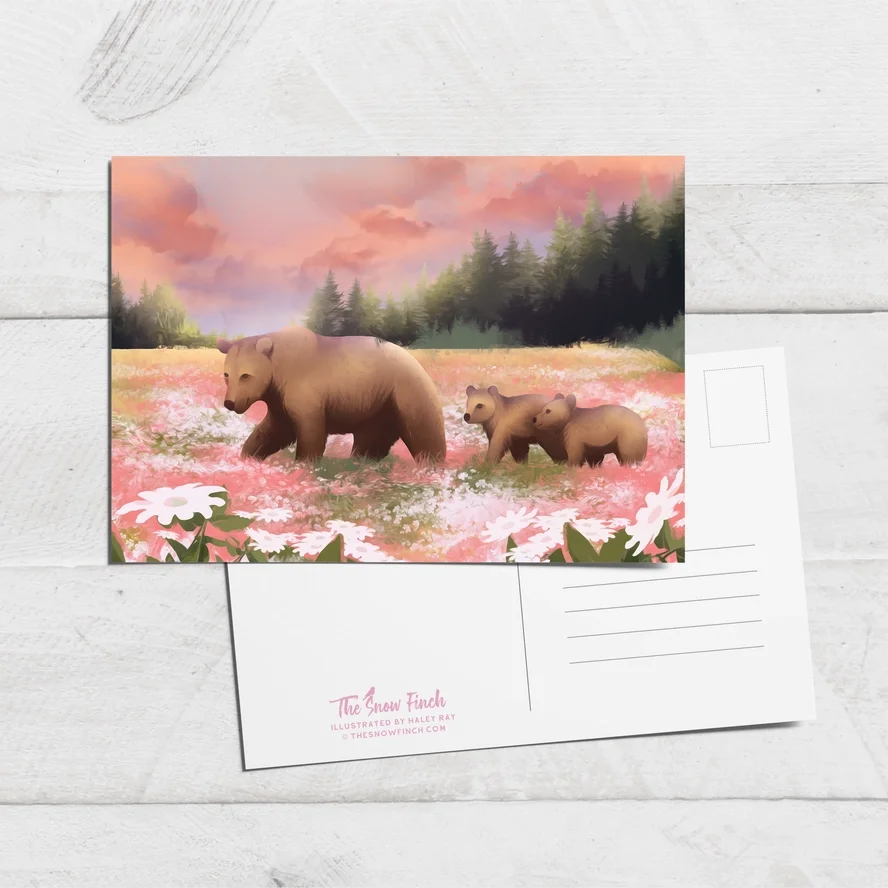 Mama Bear and Cubs Wildflower Meadow Postcard