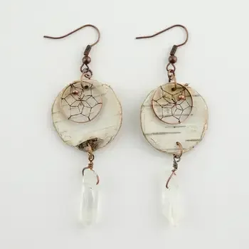Dream Catcher Birch Bark Earrings with Quartz Crystals