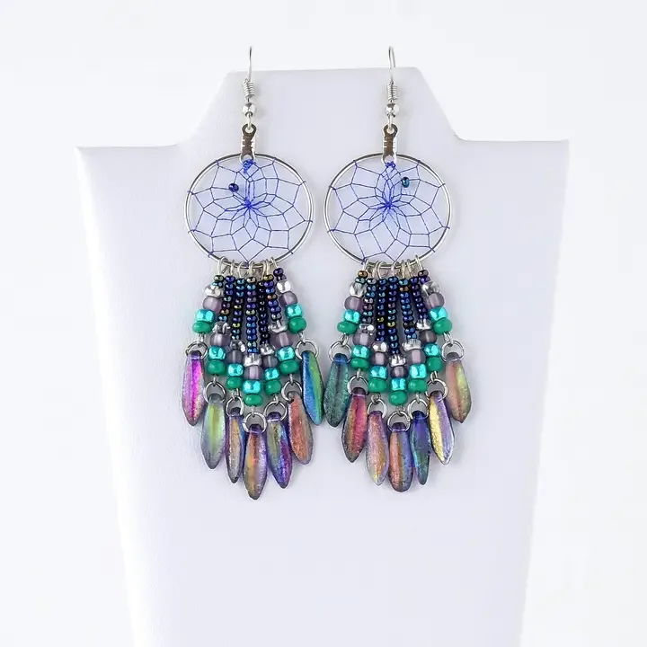 Mystical Dream Catcher Earrings with Peacock Glass Daggers