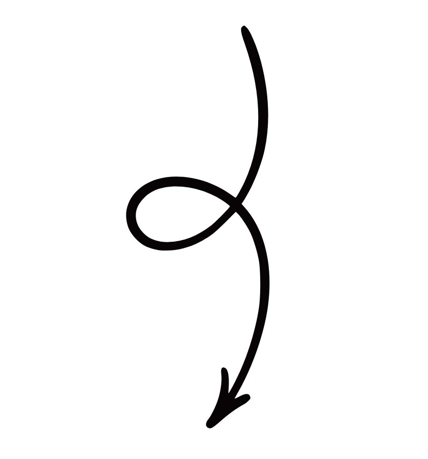 Black background with a dark line drawing of a flower with curling petals and a long, curved stem.