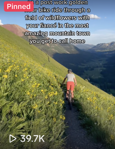 A person riding a mountain bike down a narrow trail through a yellow wildflower field, with mountains and a blue sky in the background.