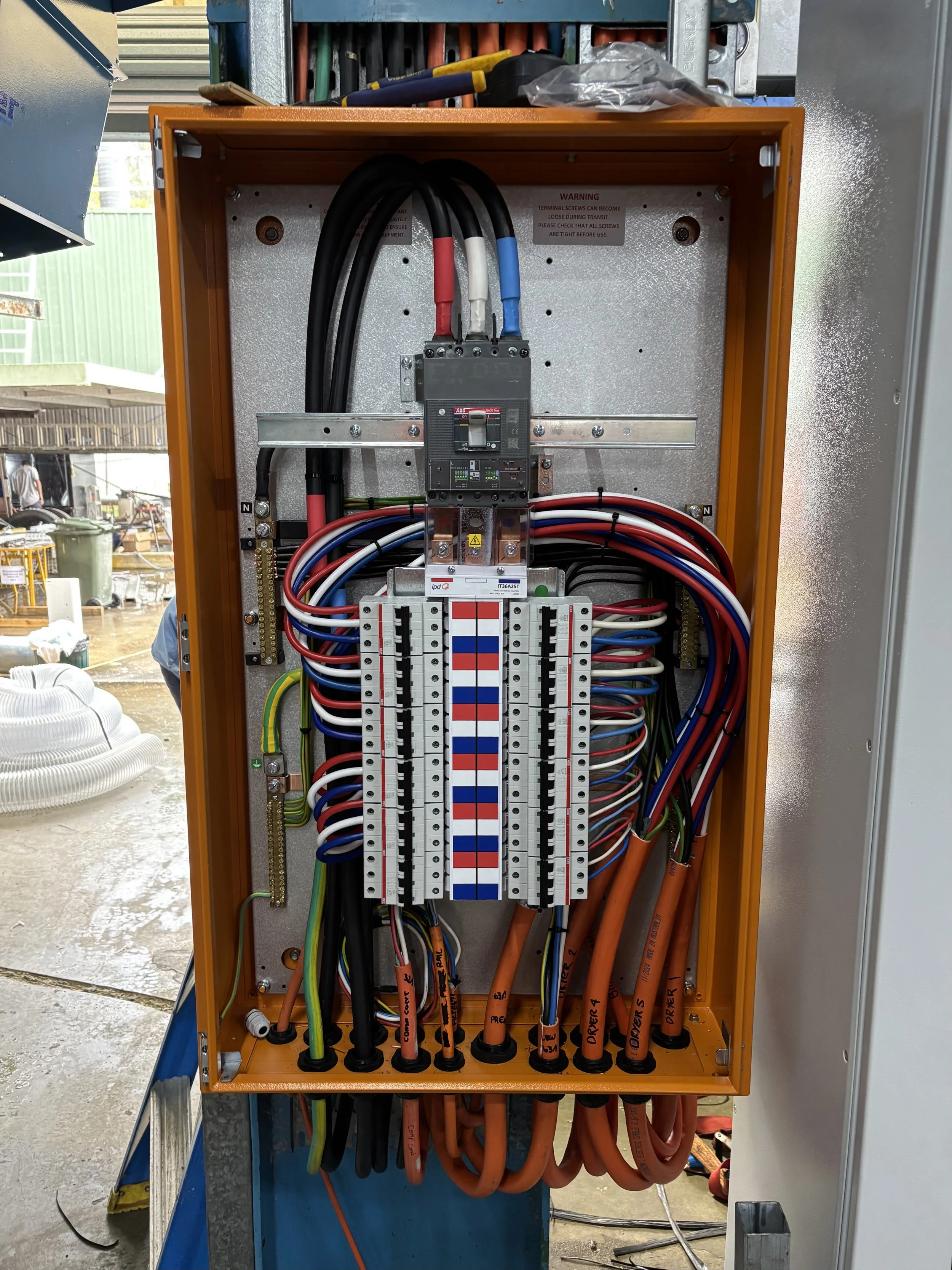 Electrical service panel with wiring and circuit breakers