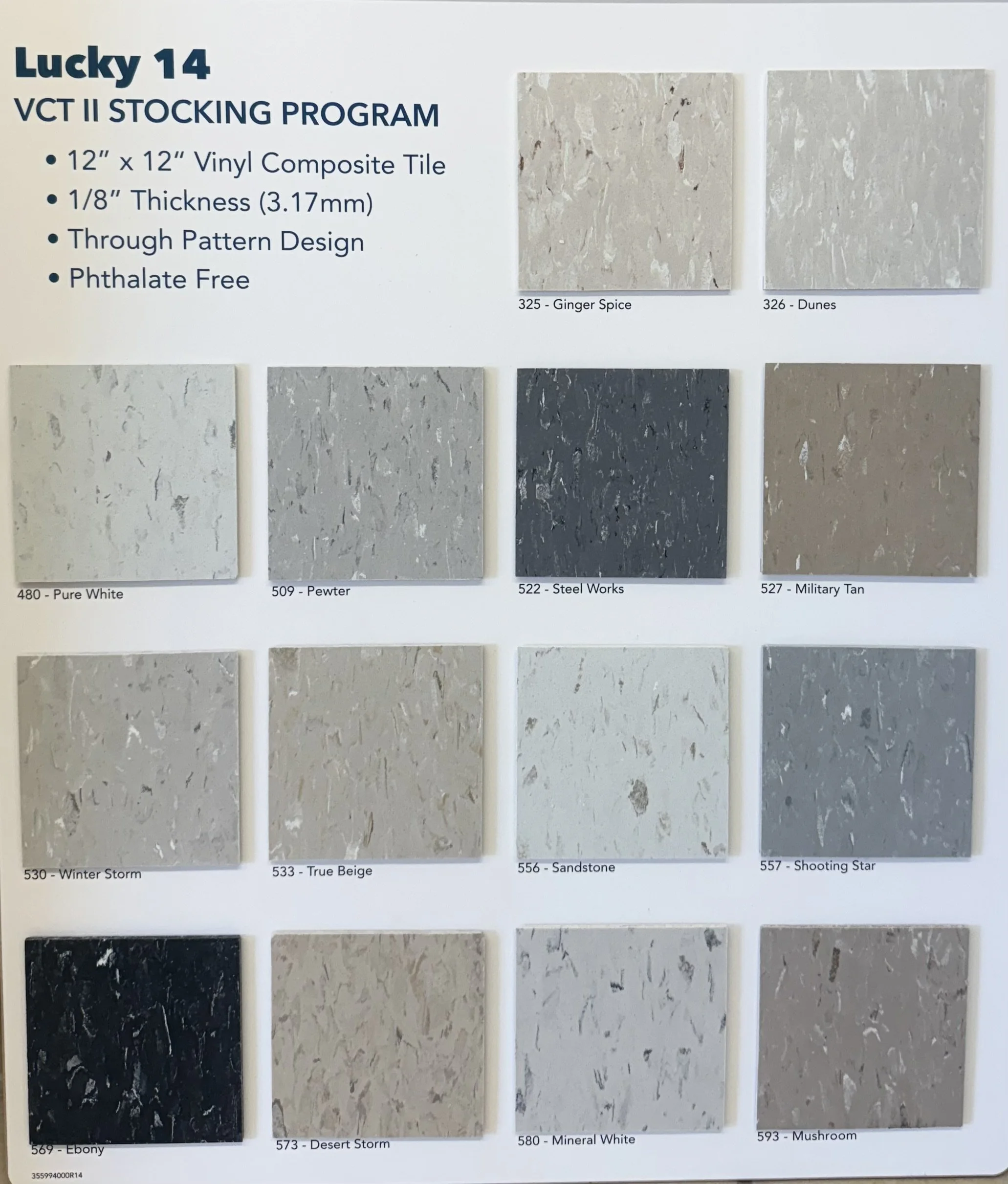 Display of vinyl composite tiles with various colors and patterns, labeled with names such as Ginger Spice, Dunes, Pure White, Pewter, Steel Works, Military Tan, Winter Storm, True Beige, Sandstone, Shooting Star, Ebony, Desert Storm, Mineral White, Mushroom, arranged in a grid for a stocking program.