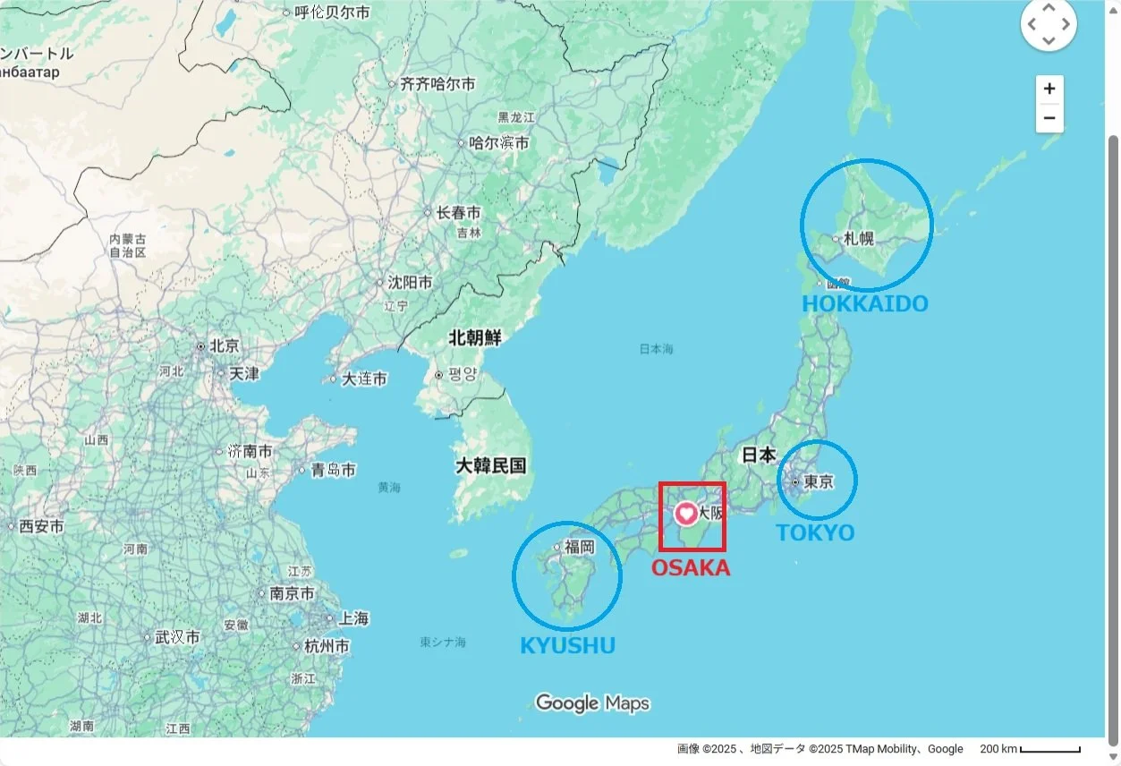 日本国と主要都市の世界地図上の位置
