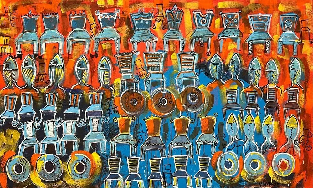 Sillas, Peces y Rueda 
110 x 180 cms - Mixta s/tela  
 Inquire 