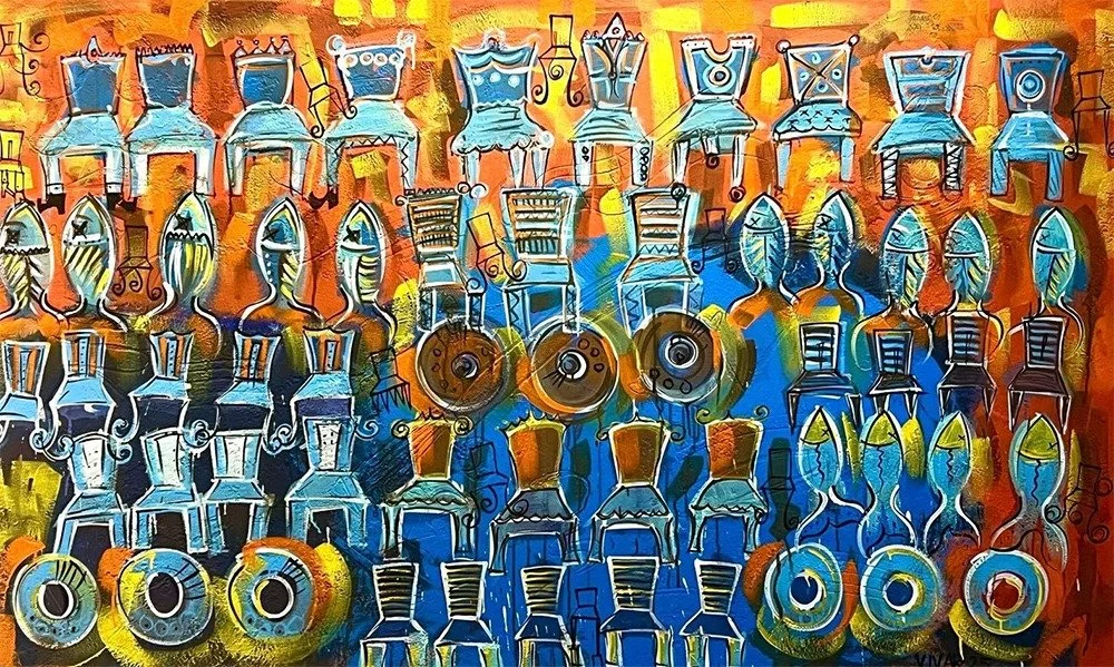 Sillas, Peces y Círculos 
110 x 180 cms - Mixta s/tela  
 Inquire 
