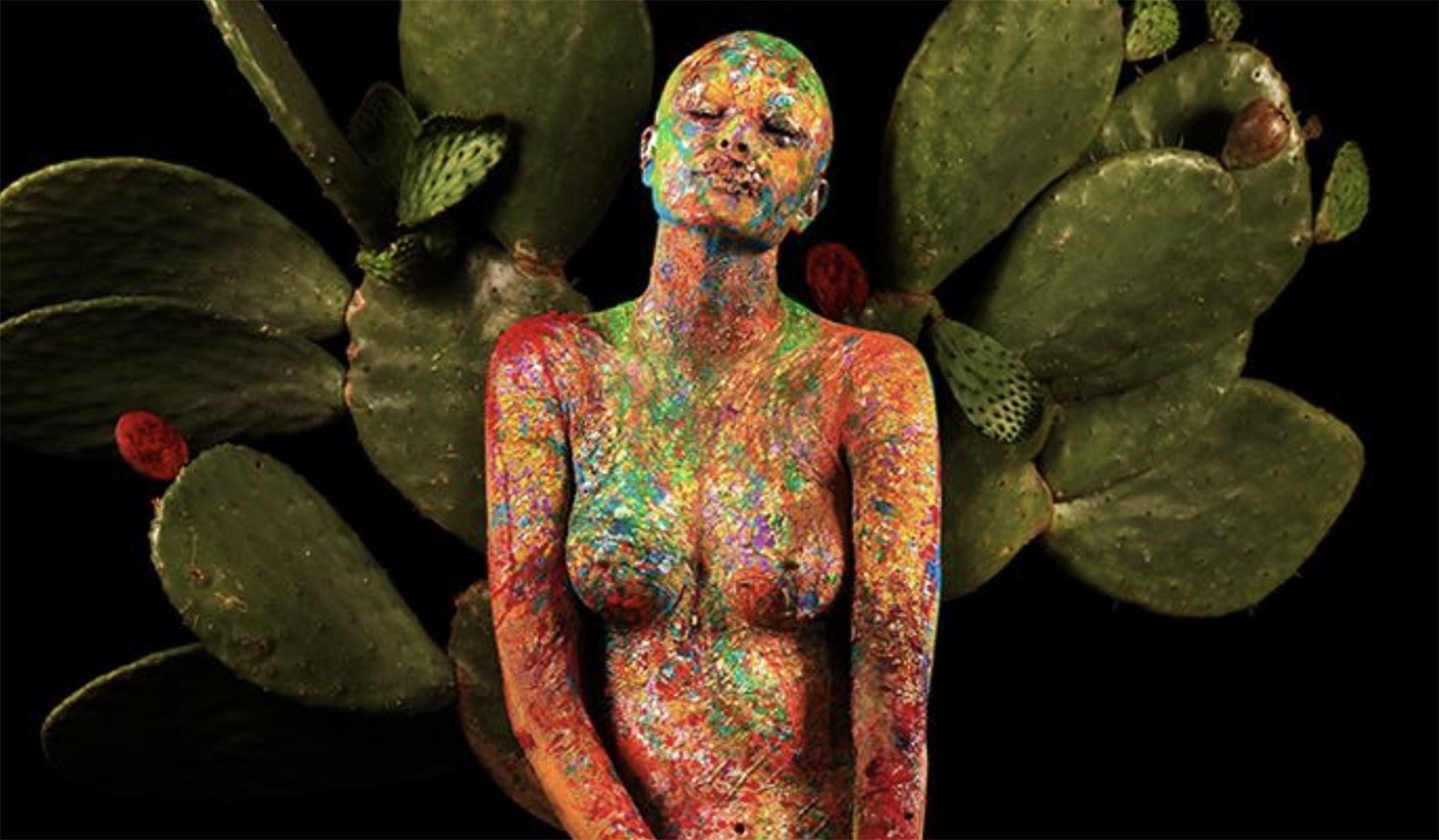 Nopales 
191 x 136 cms - fotografia de autor realizada mediante composiciones escenograficas, pintura e iluminacion controlada. integra elementos organicos aplicados directamente en el cuerpo humano   
 Inquire 