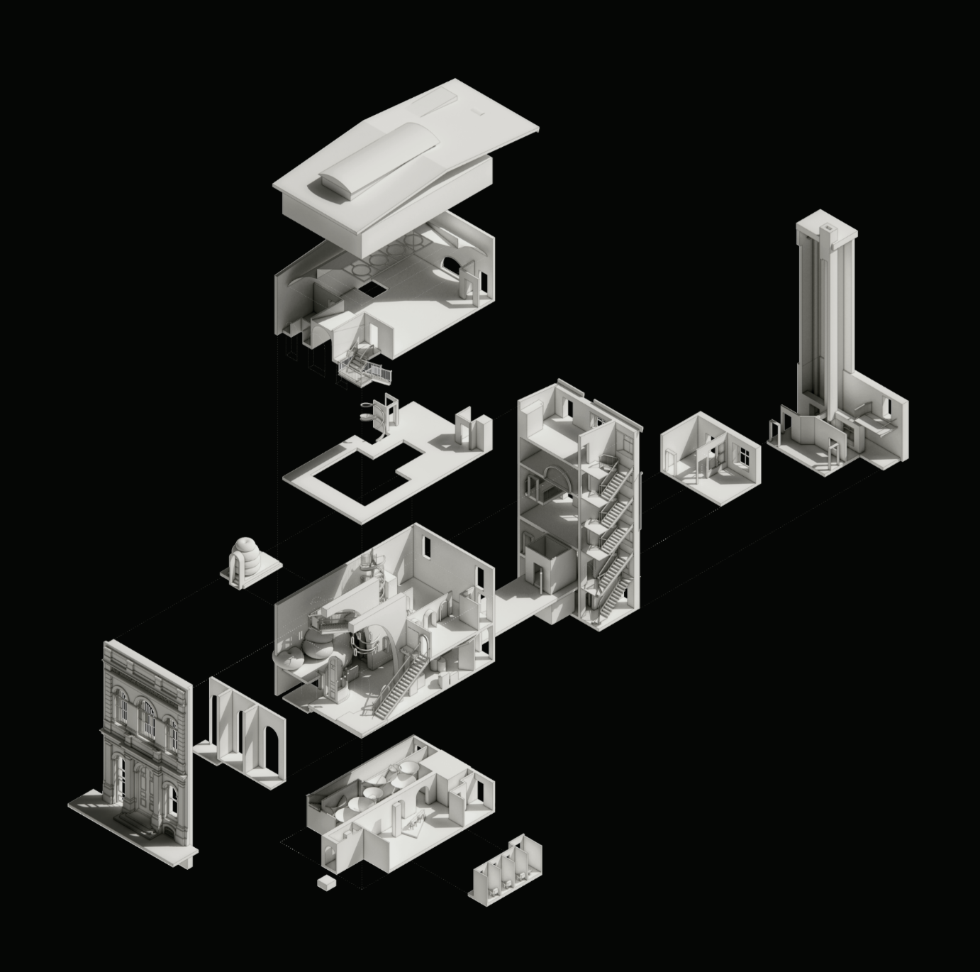 A black and white exploded architectural diagram of a multi-story building with detailed interior layouts, stairs, and various structural elements separated and displayed against a black background.
