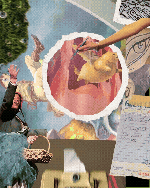 A cake decorated with a painting of a rocking chair and a small dog, with a person painting on it, alongside people and various objects around.