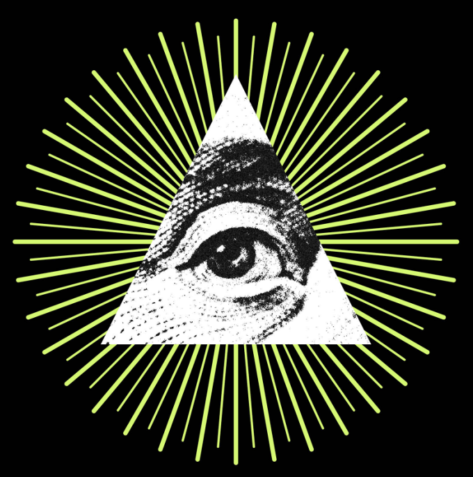 A graphic design featuring an eye within a white triangle, surrounded by radiating green lines on a black background.