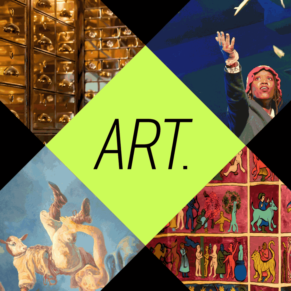 A collage of four images with a green center labeled "ART." The top left shows a wall of shiny golden mailboxes. The top right features a woman with red hair speaking or singing on stage with a microphone. The bottom left is a painting of a person riding a tiger. The bottom right depicts a traditional Hindu or Buddhist artwork with colorful figures and animals.