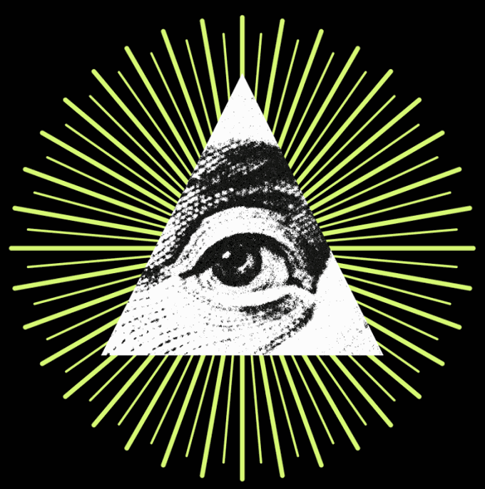 A stylized image of an eye inside a triangle, surrounded by radiating green lines on a black background.