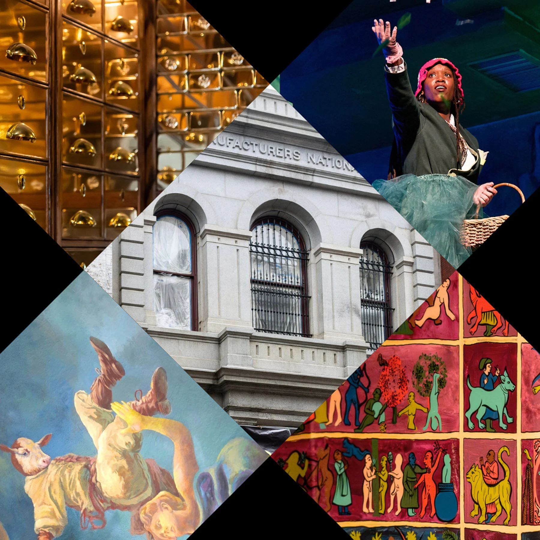 Collage of art and cultural images, including a gold display case, a historic building, a theatrical performance with a woman in costume, a mythical creature painting, and a colorful mural with various figures and animals.