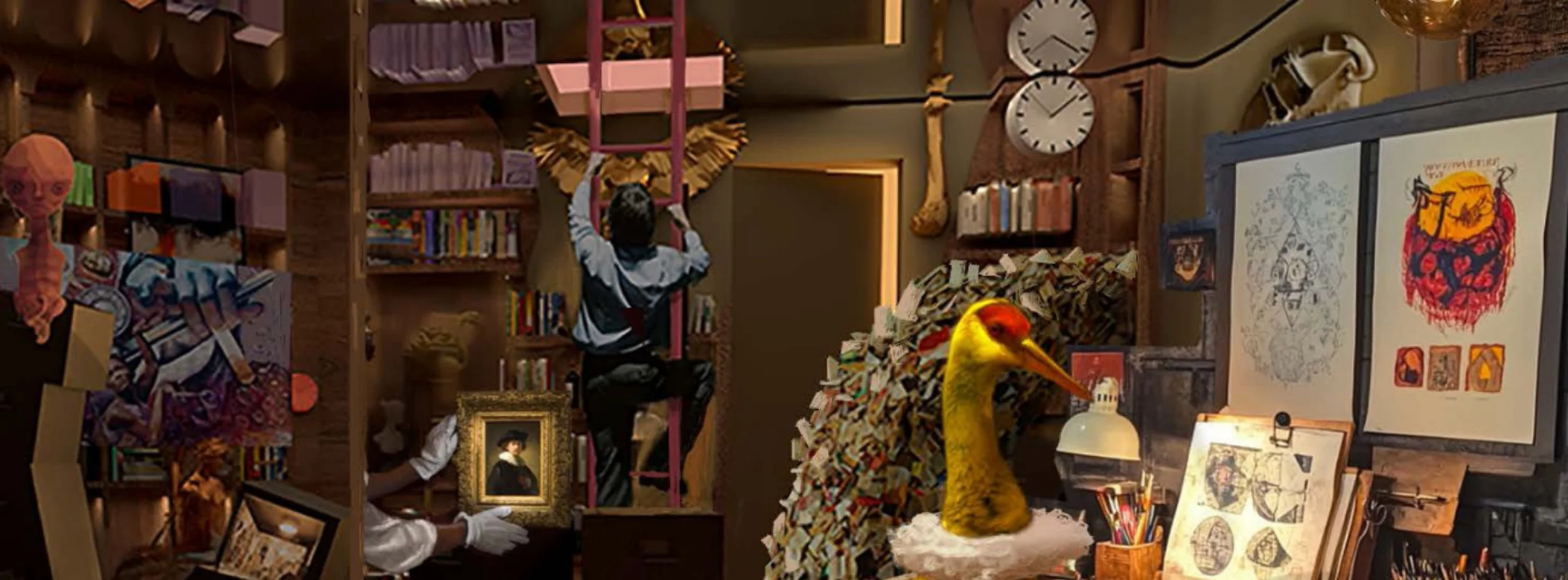 A room filled with eclectic art and decor, including a yellow and red bird sculpture, framed artwork, books, and a person hanging from a pink ladder while holding a framed painting. Various clocks, sculptures, and art pieces decorate the walls.