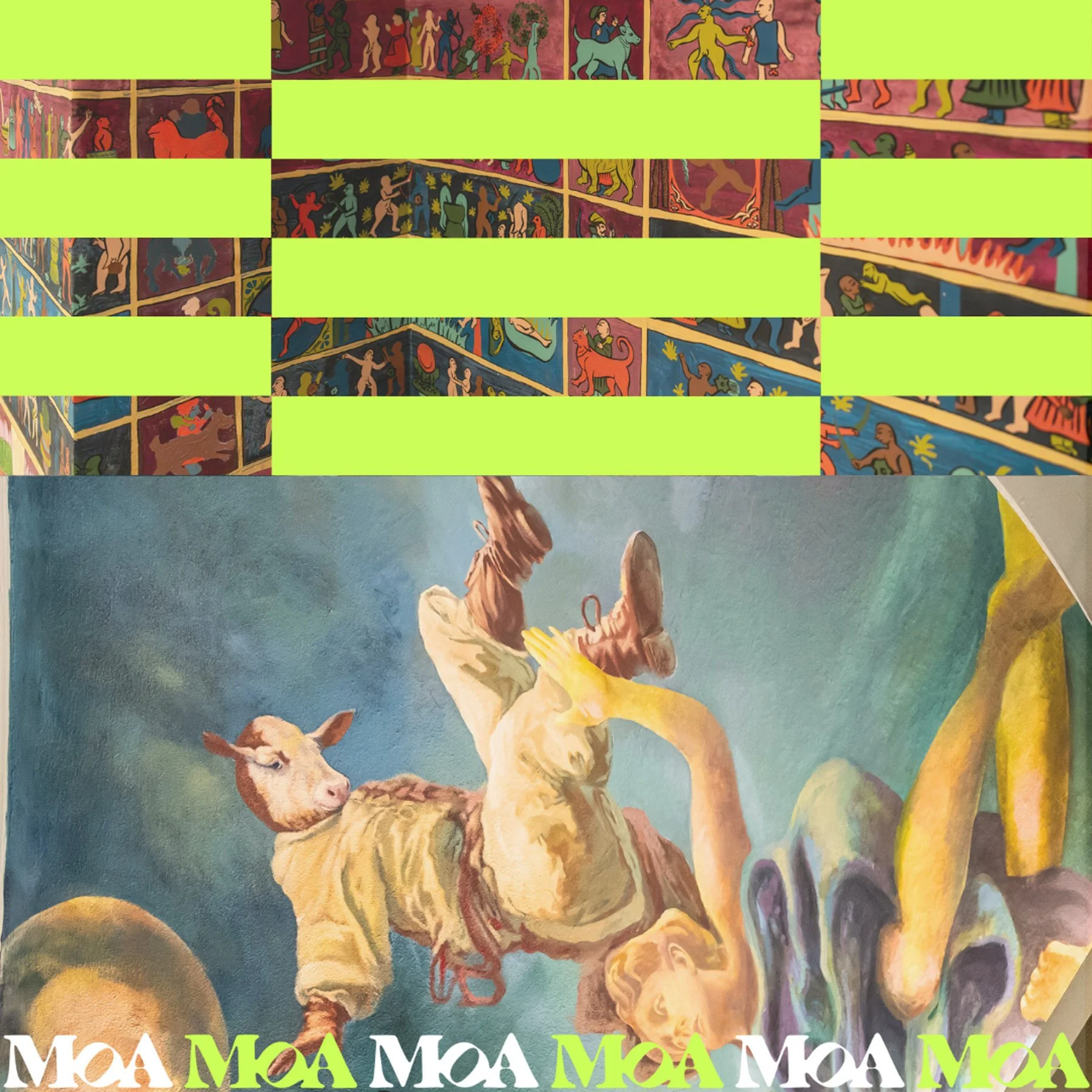 Painting of a woman lying on her back with her legs raised, holding a goat by its horns, with a background of colorful trees and trees, and a cartoon-style border at the bottom reading 'MOA' repeatedly.