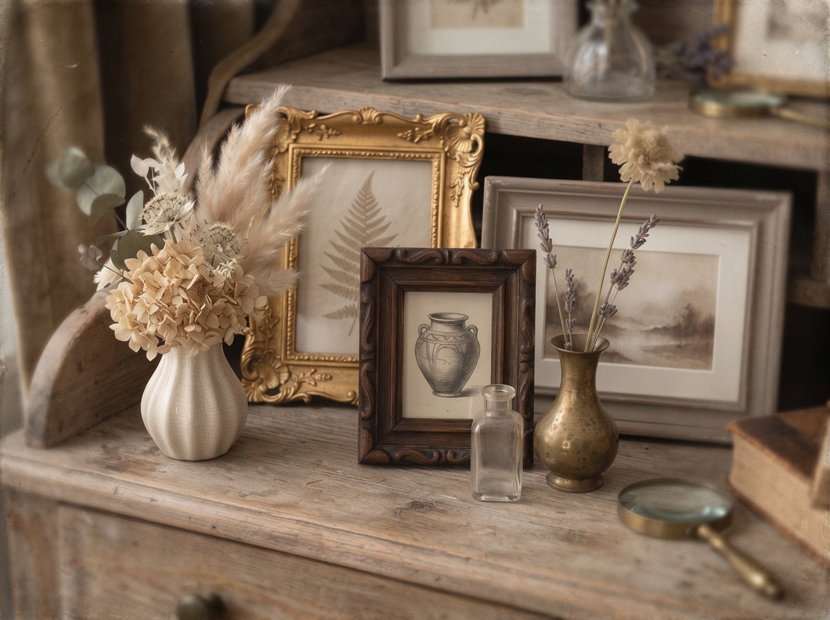 Decorative vintage items including framed botanical prints, dried flowers in vases, a small glass bottle, a magnifying glass, and a sketch of a vase on a rustic wooden surface.