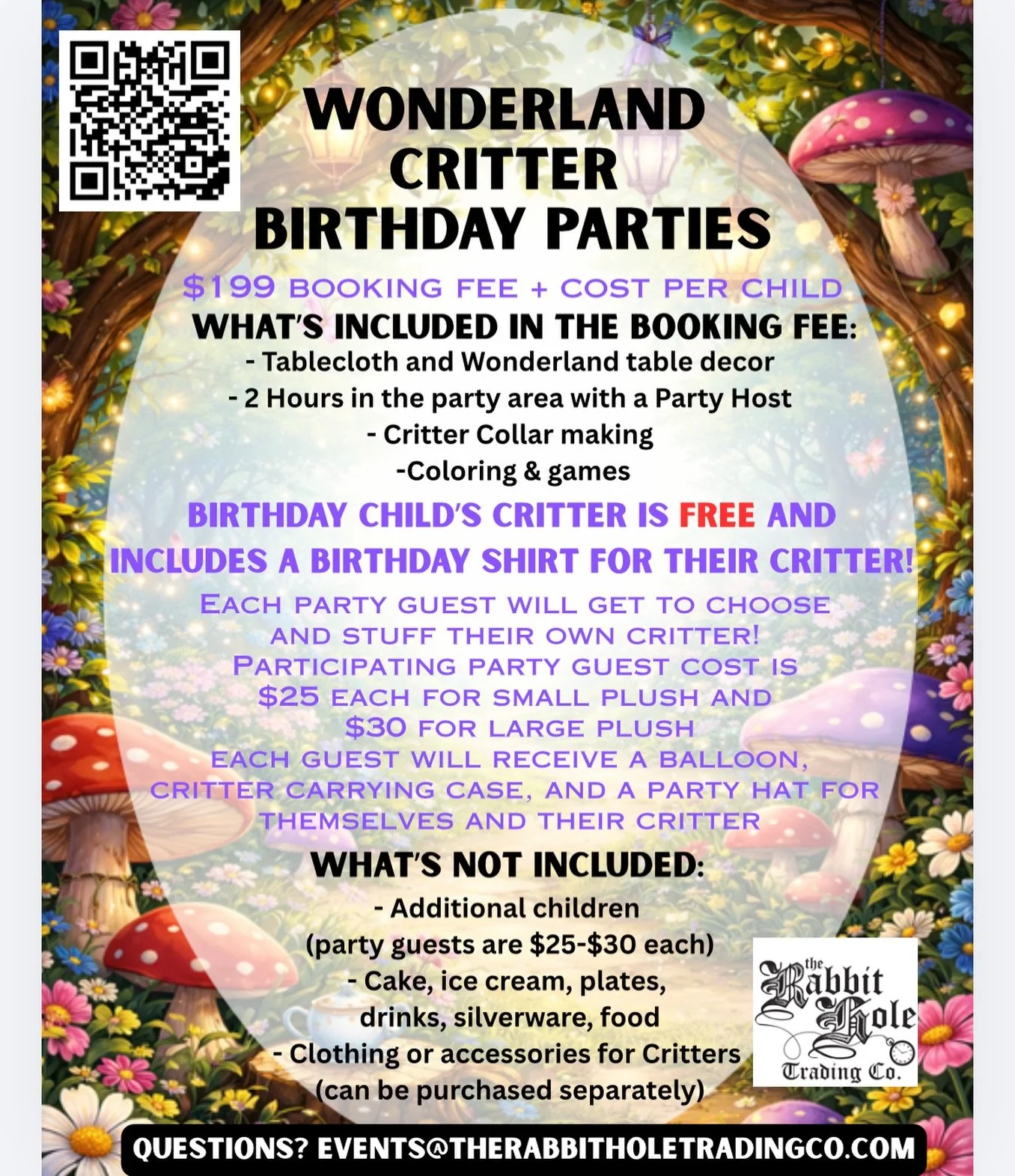 Hopefully this answers most of the birthday party questions! Of course you can email events@therabbitholetradingco.com with any other questions!