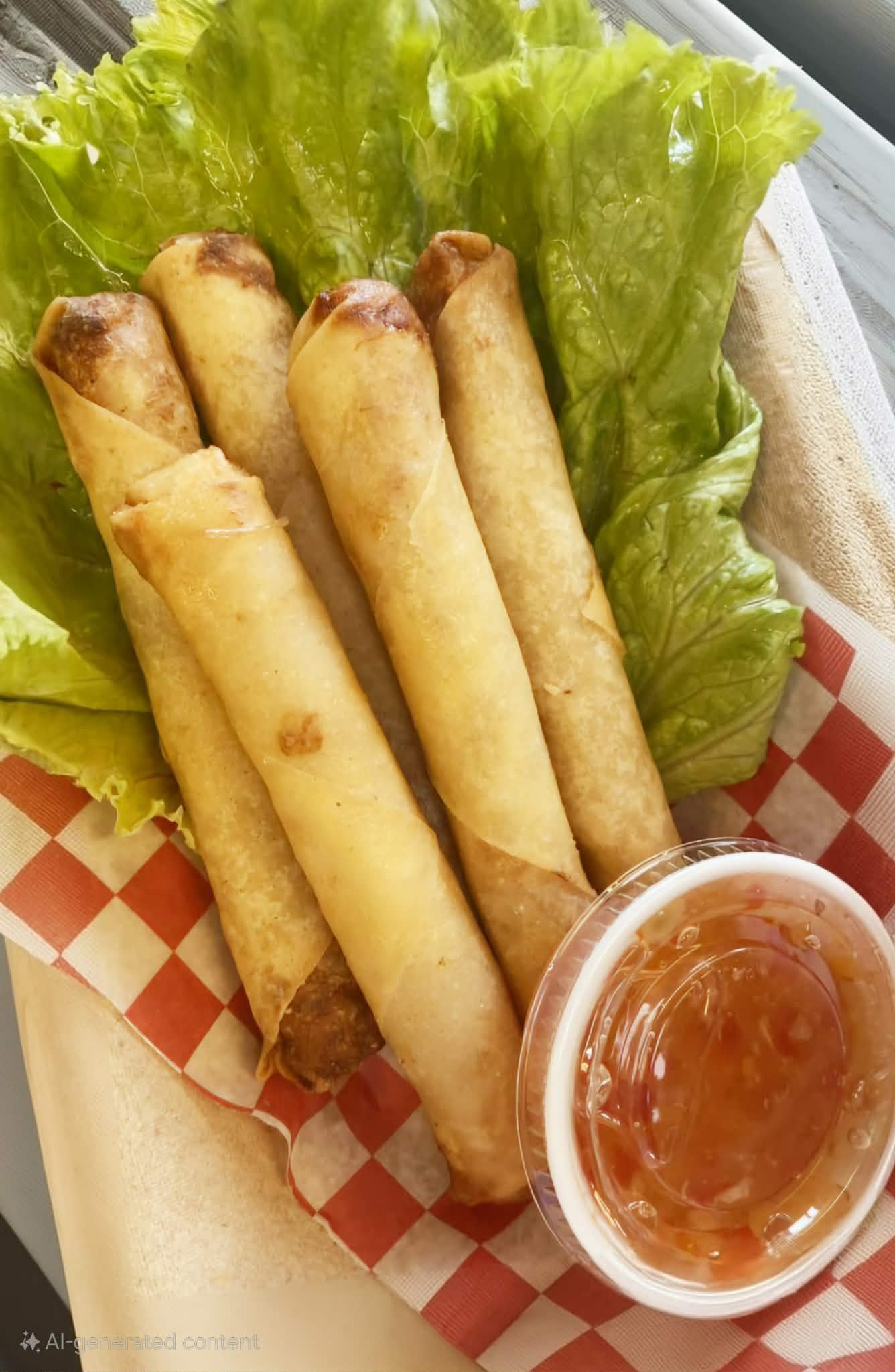 Five spring rolls on a bed of lettuce leaves with a side of dipping sauce in a small container.