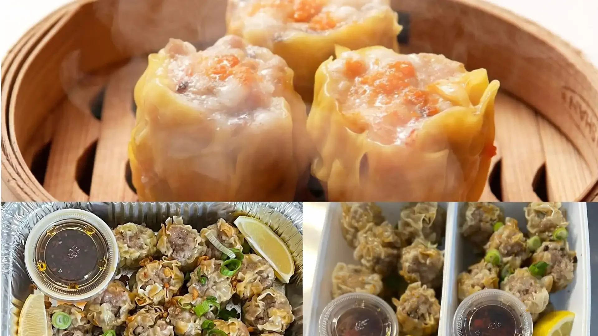 Three steamed shumai dumplings on a bamboo steamer at the top. Below, a tray of fried shumai dumplings garnished with green onions and lemon wedges, served with soy sauce. To the right, two small containers of soy sauce with fried shumai dumplings and lemon wedges.