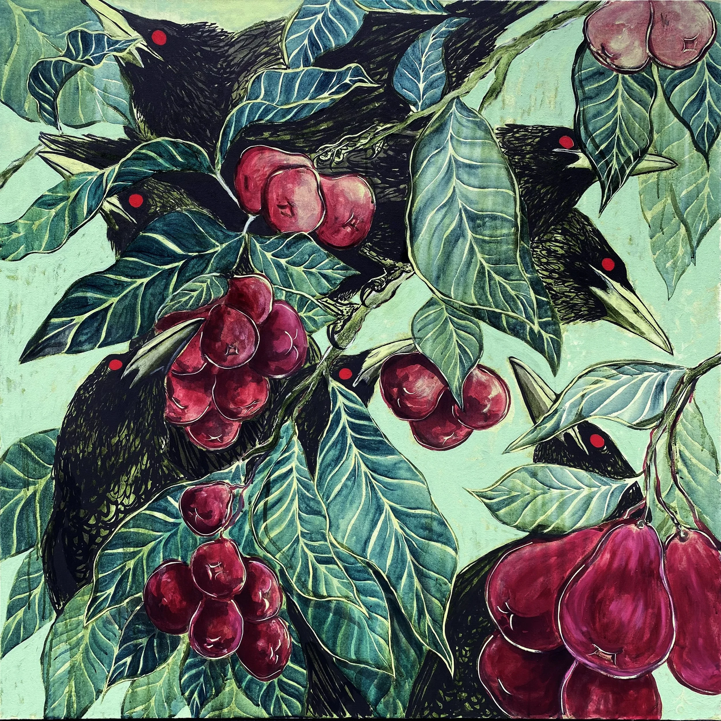 "Secretos entre amigos" 
acrylic and sumi ink on canvas 
48x48 inches