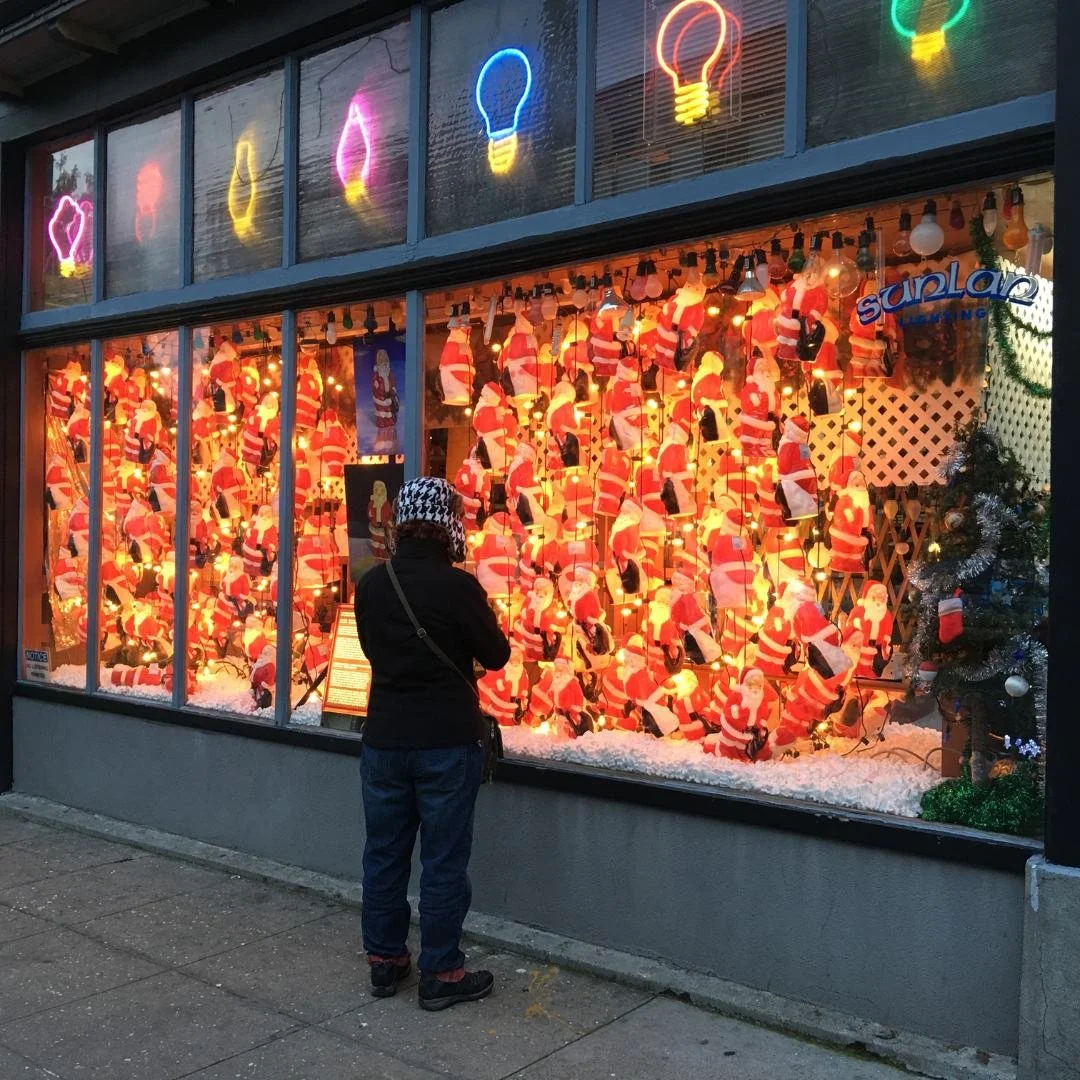 Holiday Santa display at Lightbulb Lady store in Portland