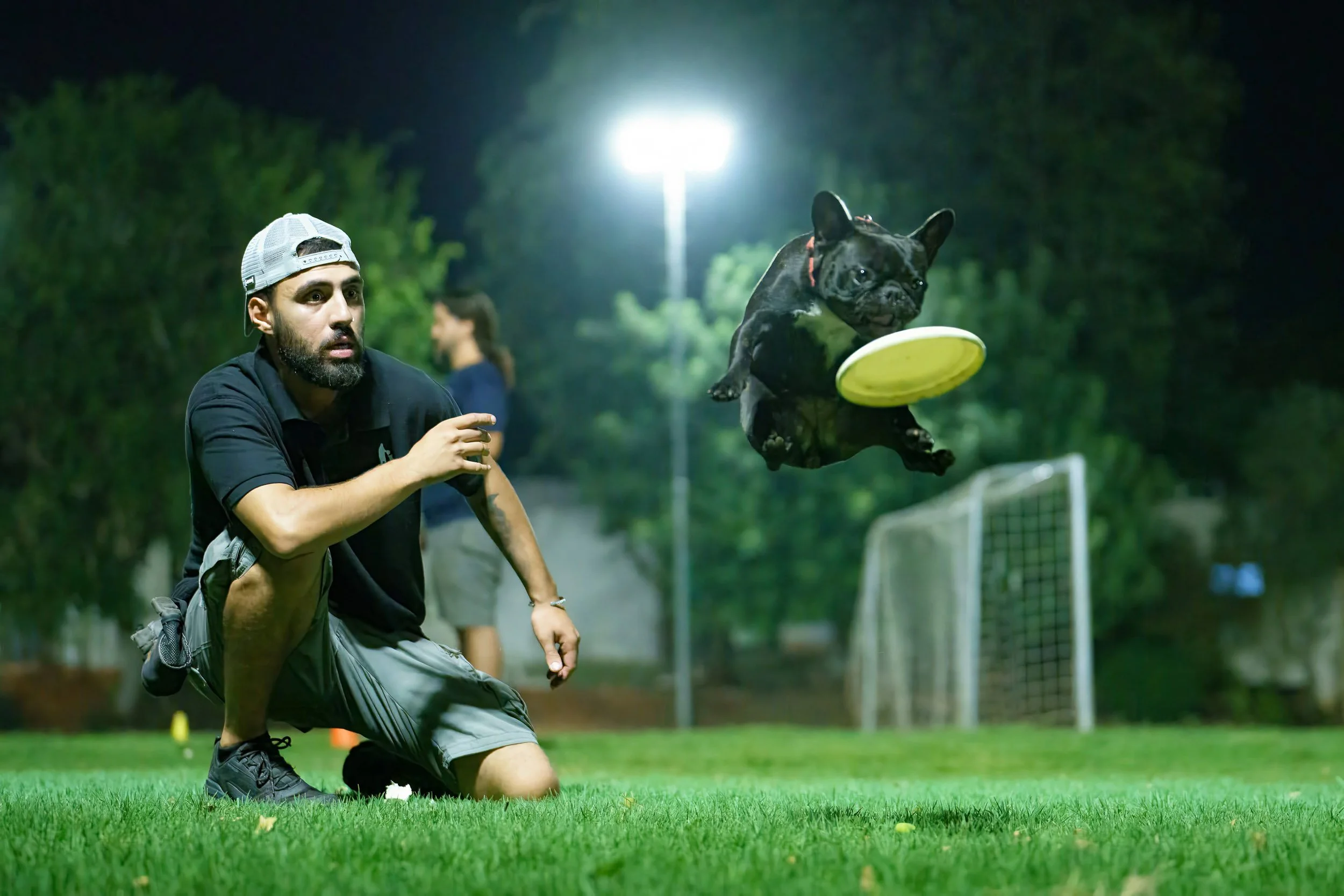 Man kneeling on grass at night, throwing a frisbee for a French Bulldog to catch, with a soccer goal and trees in the background.