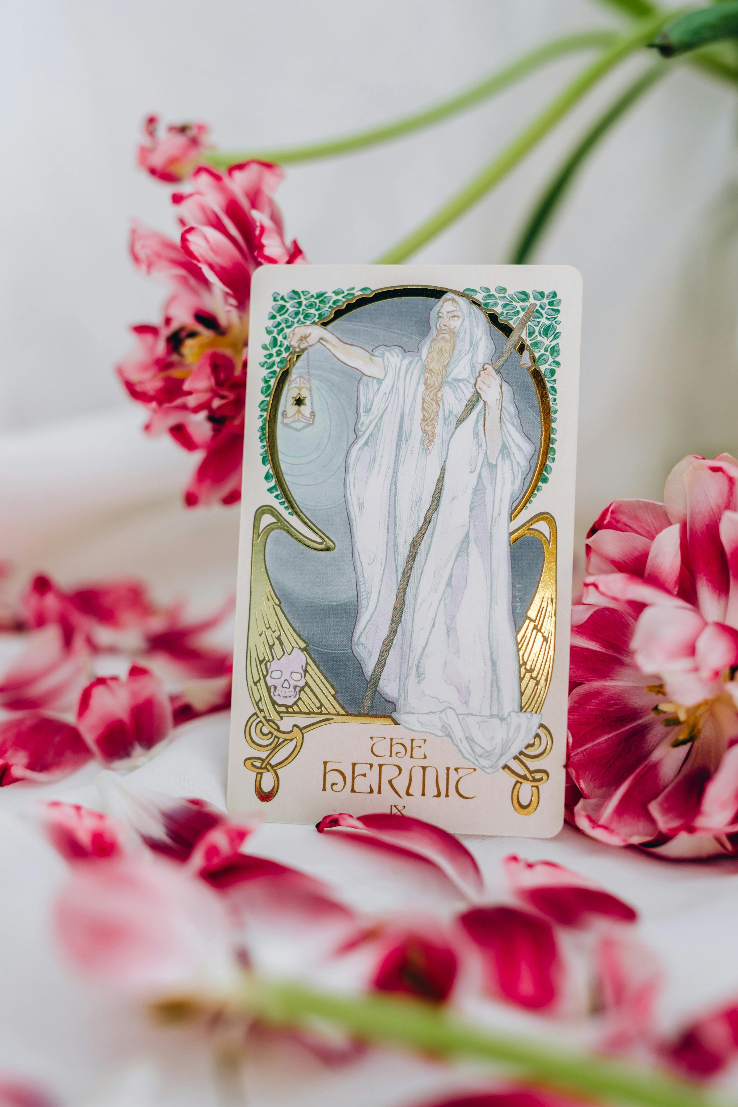 A tarot card titled "The Hermit" with artistic depiction of an old man with a long beard, holding a staff, surrounded by pink flowers and petals.
