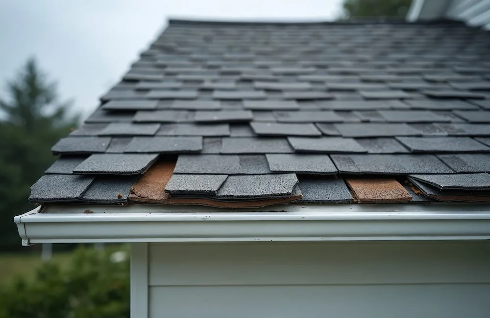 Damaged roof with lifted shingles