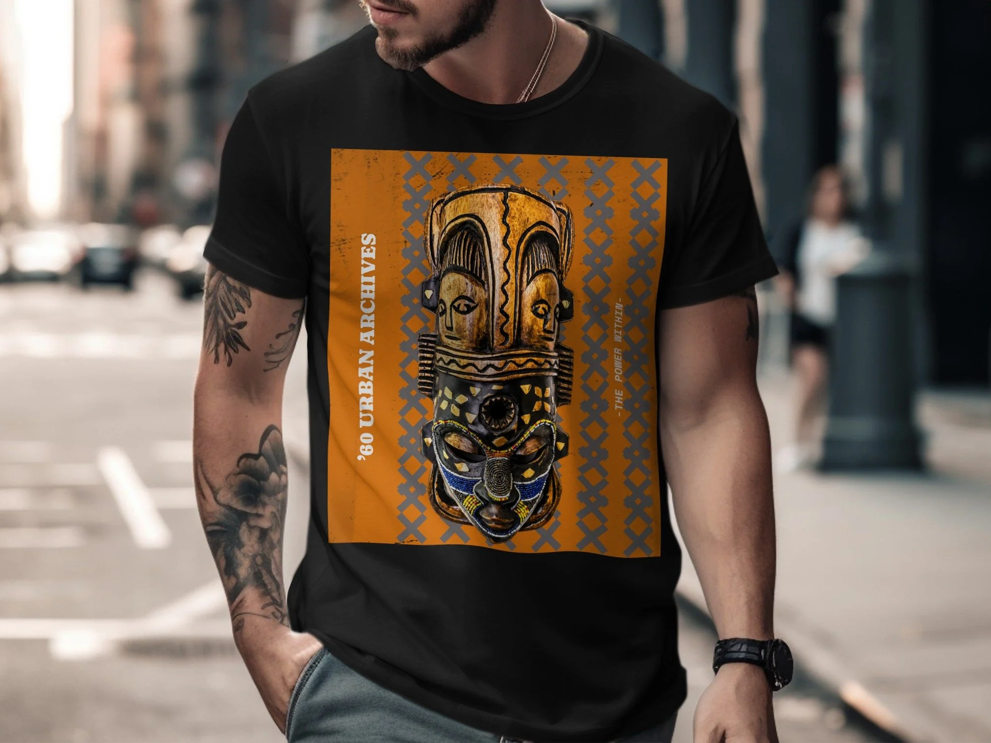 African Mask Graphic T-Shirt, Urban Afrocentric Tribal Tee, Vintage 60s Heritage Streetwear, Cultural Boho Graphic Top, Gift for Him or Her